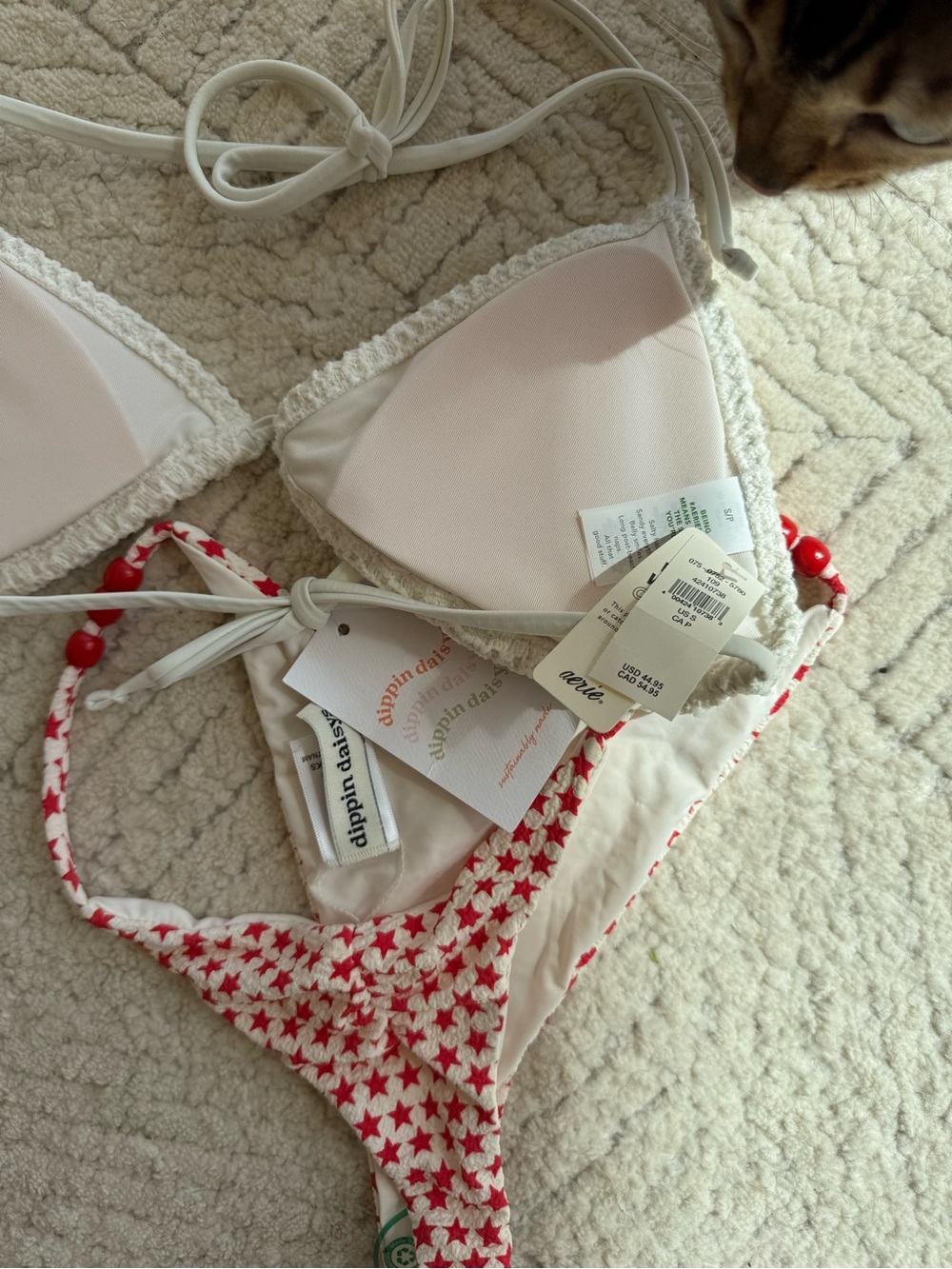 aerie Crochet Triangle Bikini Top in Cream & Red Star Print Bottom - Picture 6 of 7